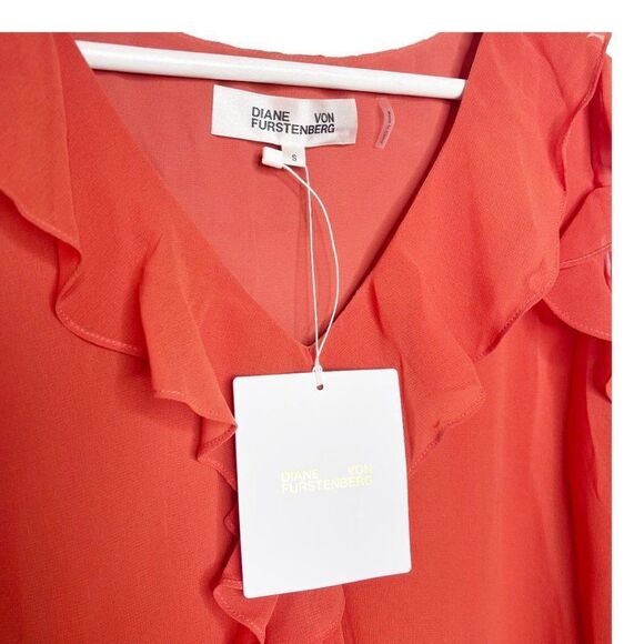 DIANE VON FURSTENBERG Essie Cold Shoulder Ruffled Chiffon Top In Brick - Picture 3 of 10